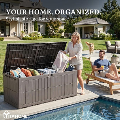 YITAHOME 200 Gallon Large Outdoor Storage Box XL Resin Deck Box with Lock | Waterproof Patio Furniture Bin and 3-Person Bench Seating for Garden Tools & Pool Accessories, Light Brown
