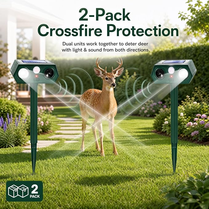 2026 New Animal Repellent Outdoor Squirrel Raccoon Sonic Fortress Pro Deer Repellent Devices with Light for Garden, Motion Activated Cat Deterrent to Scare Rabbit Dog Skunk Fox for Farm Yard (2)