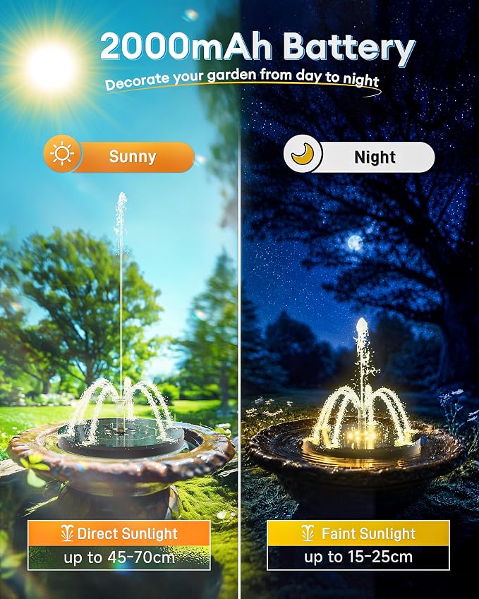 3.5W Solar Fountain,Upgraded 100% Glass Panel Solar Bird Bath Fountain with 2000mAh Battery,7 Color RGB LED Lights & 6 Nozzles,Solar Fountain for Bird Bath,Garden, Pond, Pool, Outdoor Decor(Black)