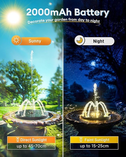 3.5W Solar Fountain,Upgraded 100% Glass Panel Solar Bird Bath Fountain with 2000mAh Battery,7 Color RGB LED Lights & 6 Nozzles,Solar Fountain for Bird Bath,Garden, Pond, Pool, Outdoor Decor(Black)