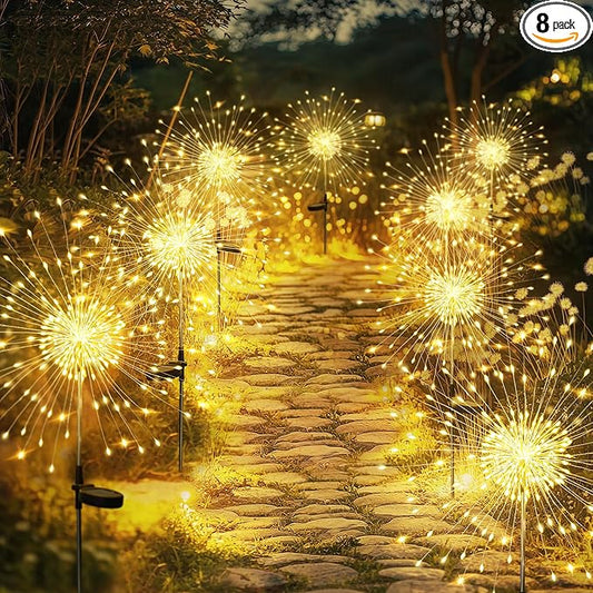 GIGALUMI Garden Decor Outdoor Lights 120LED 8Pack, Solar Garden Lights Outside Fairy Firework Decorative,Solar Powered for Yard Pathway Flowerbed Planter Balcony Patio, Gifts for mom (Warm White