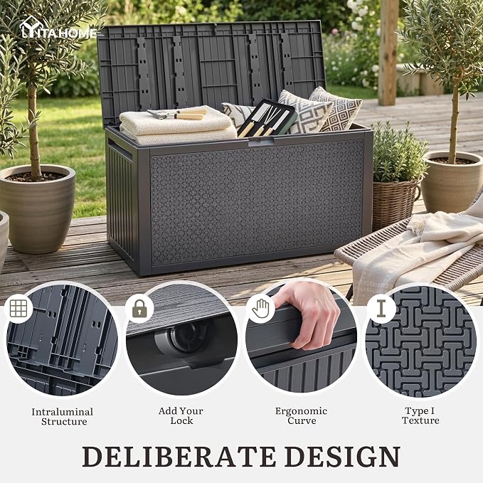 YITAHOME 95 Gallon Large Outdoor Deck Box | Lockable Waterproof Resin Storage Box with Handles, Weatherproof & UV Resistant, Patio Garden Tool Container for Outdoor