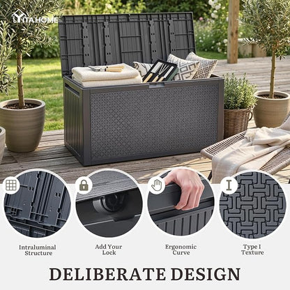 YITAHOME 95 Gallon Large Outdoor Deck Box | Lockable Waterproof Resin Storage Box with Handles, Weatherproof & UV Resistant, Patio Garden Tool Container for Outdoor