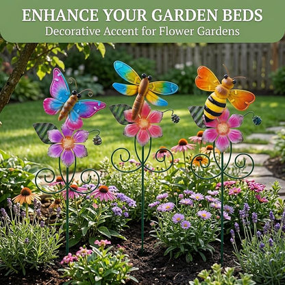 Topadorn Metal Garden Stakes Set of 3, Colorful Bee Butterfly & Dragonfly Garden Decor, Weatherproof Outdoor Yard Stakes for Lawn Patio Planters