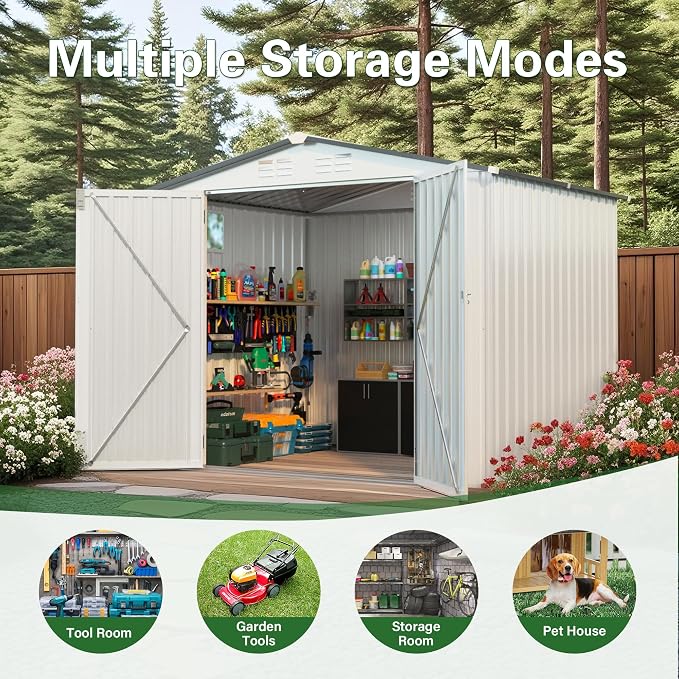8X6 FT Storage Shed, Metal Outdoor Garden Tool Shed with Pitched Roof Waterproof with Window and 2 Lockable Door,Vents,for Garden Tool Storage, Sundries and Bike Storage,White+Gray