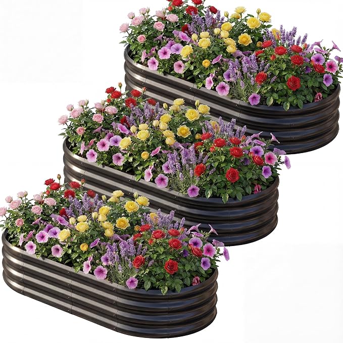 AHEONLAR 3 Pack 6×3×1ft Galvanized Raised Garden Bed, Oval Durable Planter Boxes Outdoor for Vegetables, Fruits, Flowers and Plants, Quick Assembly, Black
