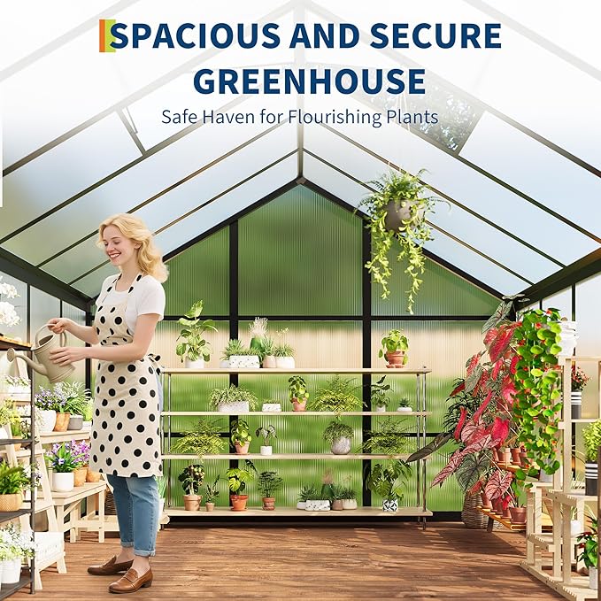 6X10 Ft Polycarbonate Greenhouse Sunroom with Aluminum Frame, Outdoor Greenhouse for Vegetables Herbs Flowers, Lockable Door & Adjustable Roof Vent, Patio Backyard Greenhouse Kit for Gardening, Black
