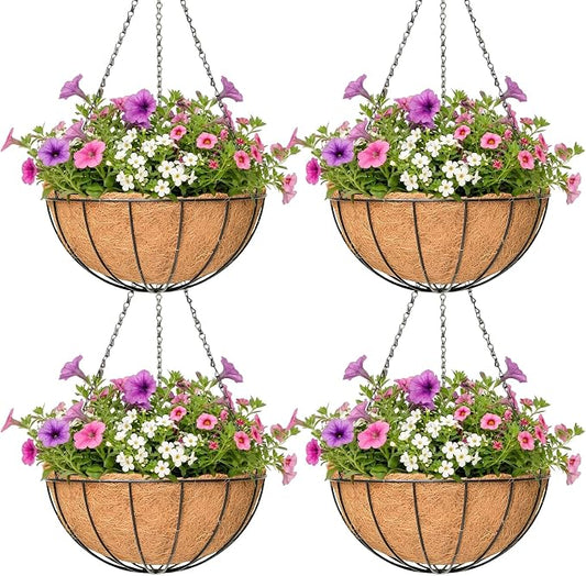 4 Pack Hanging Planter for Outdoor Plants 14 inch Metal Hanging Flower Basket with Coco Coir Liner Round Wire Plant Holder Chain Flower Pots Outdoor Garden Decoration Watering Hanging Baskets(XG)