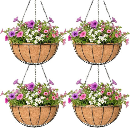 4 Pack Hanging Planter for Outdoor Plants 12 inch Metal Hanging Flower Basket with Coco Coir Liner Round Wire Plant Holder Chain Flower Pots Outdoor Garden Decoration Watering Hanging Baskets(XG)