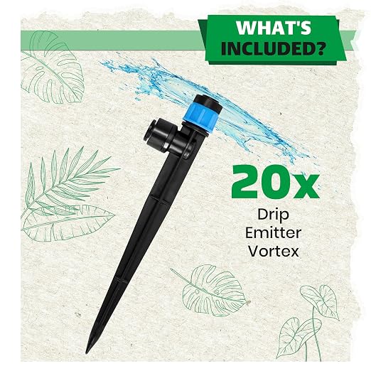 Bonviee 20-Pack 1/4-Inch Quick-Connect Adjustable Drip Emitters, Vortex | Push-to-connect stakes provide adjustable 360-degree watering for pots, lawns, vegetable beds, and garden layouts.