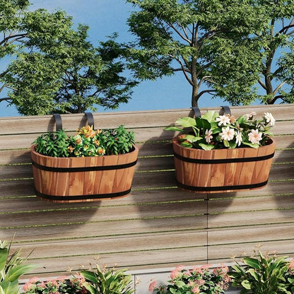 2PACK Wooden Cute Hanging Flower Pots for Railing Fence Outdoor Planter Railing Planter Boxes for Plants Wall Planters Window Flower Box Hanging Bucket Pots Countryside plant Holder (Brown,2pcs,Large)