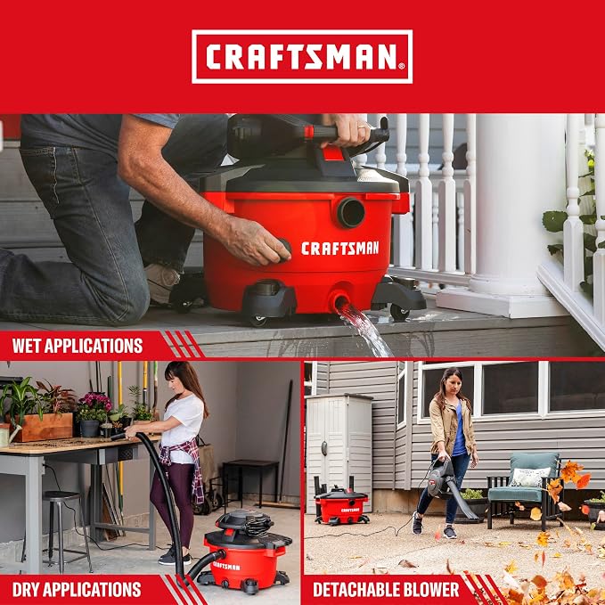 CRAFTSMAN CMXEVBE17606 12 Gal. 6.0 Peak HP Wet Dry Vac with Detach Blower | Portable Shop Vacuum Wet and Dry with Filter, Dust Bag, Hose and Attachments for Garage, Outdoor Cleaning