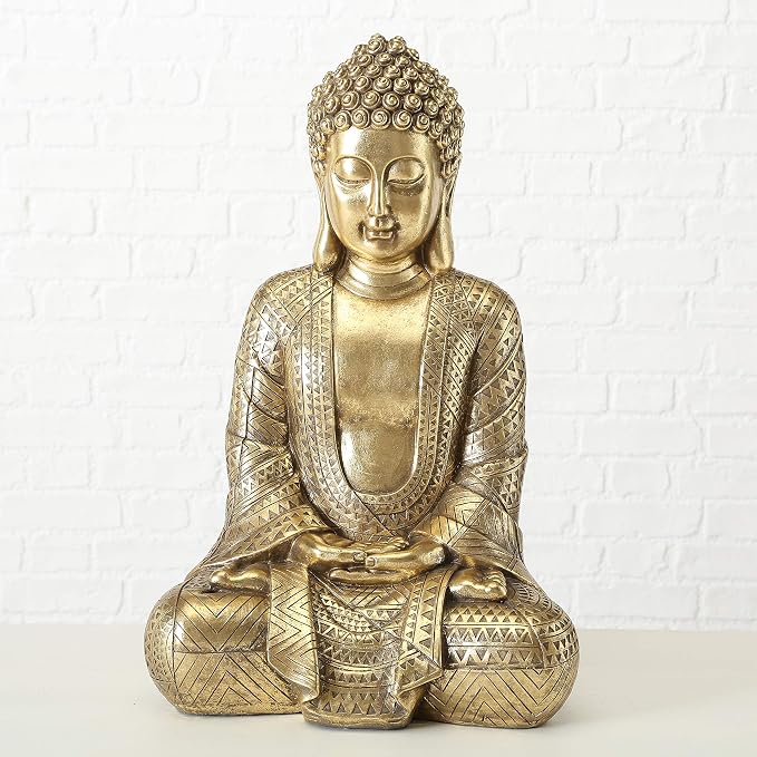 Large Gold Buddha Statue, 15.25 Inch Seated Meditation Sculpture