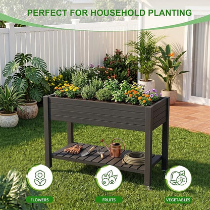 Elevated Resin Raised Garden Bed, 33.7in Height Raised Planter Box with Drainage Holes, Lockable Rotating Wheels & Bottom Storage Shelf, Stake Support, Easy Assembly for Patio Lawn Backyard Balcony