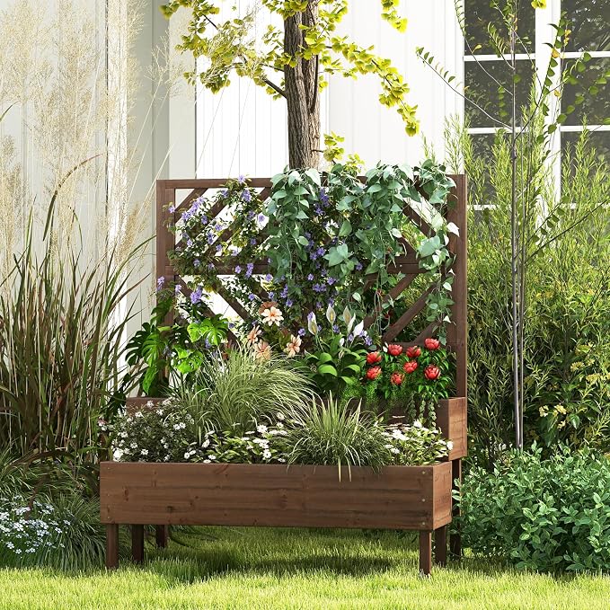 LDAILY Raised Garden Bed with Trellis & 2 Planter Boxes, 2-Tier Wooden Raised Bed with Bottom, Elevated Legs & 10 Drainage Holes, Gardening Planter Box for Flowers/Vegetables/Fruits in Backyard Patio