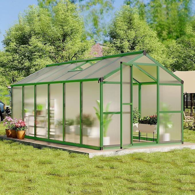 8X12 FT Greenhouse, Greenhouses for Outside, Aluminum Frame Polycarbonate Panels with Sliding Lockable Door and Ajustable Roof Vent, Spacious Walk-in Design for Backyard, Garden, Patio, Green