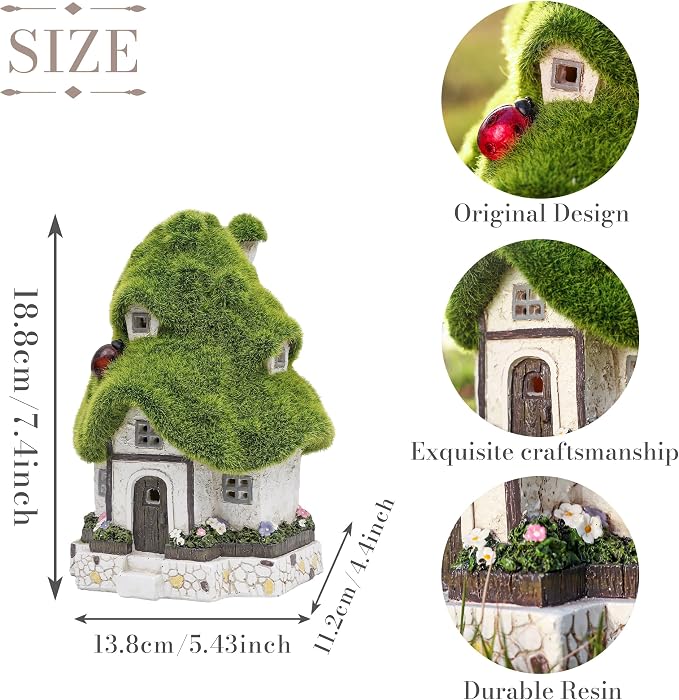 TERESA'S COLLECTIONS Flocked Garden Statue and Figurine Fairy House with Solar Outdoor Lights, Resin Garden Decor Outdoor Statues Garden Cottage Yard Decor Porch Lawn Ornaments Gifts for Mom, 7.4"