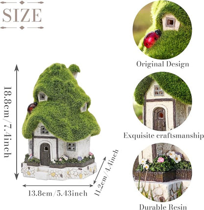 TERESA'S COLLECTIONS Flocked Garden Statue and Figurine Fairy House with Solar Outdoor Lights, Resin Garden Decor Outdoor Statues Garden Cottage Yard Decor Porch Lawn Ornaments Gifts for Mom, 7.4"