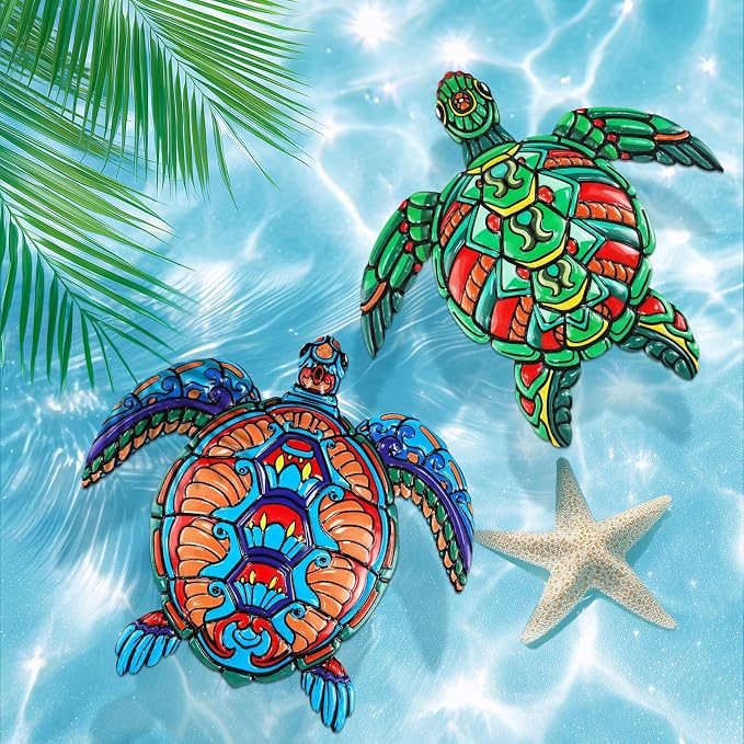 ULENDIS 2 PCS Metal Sea Turtle Wall Art Decor, Ocean Theme Outdoor Wall Decor, Nautical Hanging Decorations for Garden Pool Fence Patio Bathroom Indoor