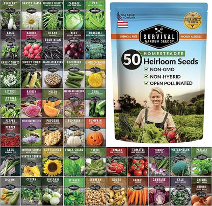 Homesteader 50 Pack Seed Vault for Planting Victory Gardens | Non-GMO Heirloom Vegetable, Fruit, Herb Seeds to Grow Food for Storage, Emergency Preparedness - Survival Garden Seeds
