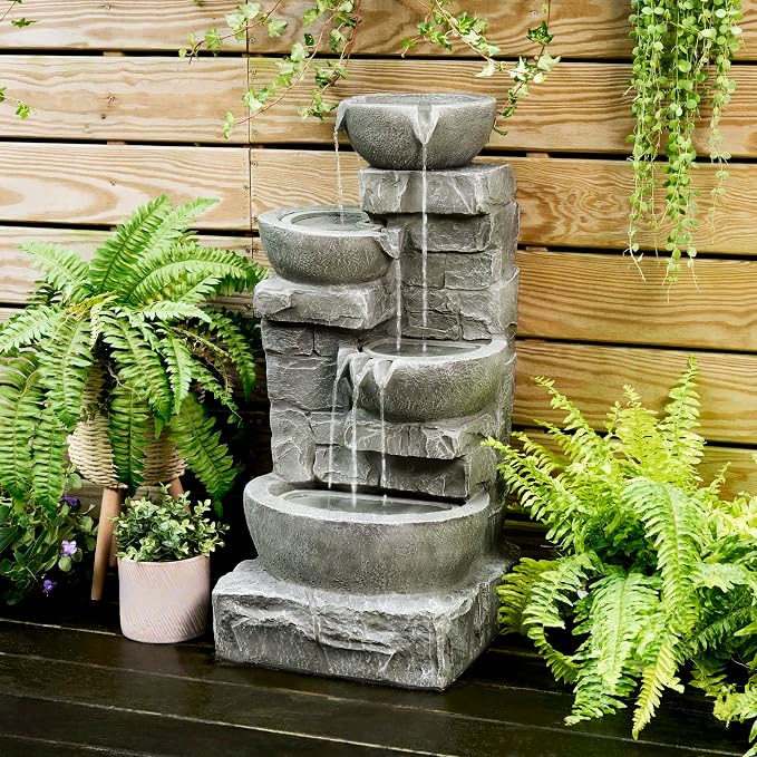 Teamson Home 33.25 in. Cascading Bowls and Stacked Stones LED Outdoor Water Fountain for Gardens, Landscaping, Patios, Balconies, and Lawns for a Calming Oasis in Outdoor Living Spaces, Stone Gray | LED Lights, 3-Tier Cascading Waterfall, Weather-Resis...