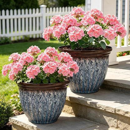 15" Large Flower Pots, 2-Pack Big Plastic Planters for Outdoor Plants | Plant Pot with 3D Textures, Artistic Floating Blue Brown Glaze, Weather-Resistant for Porch, Garden, Patio Yard or Indoor Use