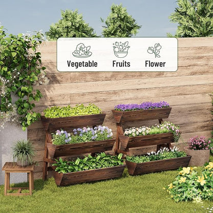 3-Tier Vertical Wooden Raised Garden Bed, Freestanding Garden Planter Box, Wood Flower Rack, Planter Box for Herbs, Vegetables, Outdoor Indoor Use, Large-Brown, Large-Carbonized