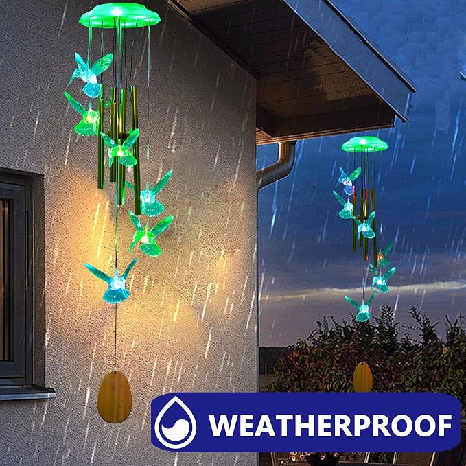 Outdoor Solar Wind Chime Decoration, Mother's Day Birthday Gifts for Grandma, Mom and Family, Outdoor Garden and Courtyard Wind Chime Accessories (Green Hummingbird)