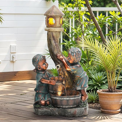 AUTODAYA 31" Boy and Girl Outdoor Fountain LED 3-Tier Cascading Waterfall | hand-painted bronze, nostalgic barrel and children design, patio yard Porch Garden