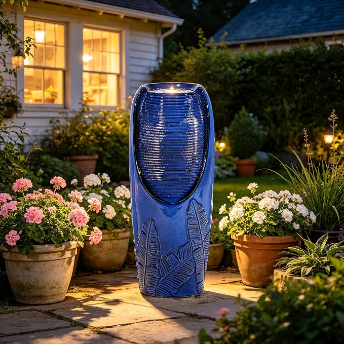 Autodaya 33" Outdoor Fountain with LED Lights, Rich Blue Glaze Ceramic Jar | Decorative Water Fountian with Tropical Leaf Texture, Soothing Water Flow, relaxing focal point for Patio Yard Porch oasis