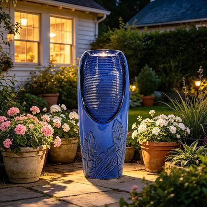 Autodaya 33" Outdoor Fountain with LED Lights, Rich Blue Glaze Ceramic Jar | Decorative Water Fountian with Tropical Leaf Texture, Soothing Water Flow, relaxing focal point for Patio Yard Porch oasis
