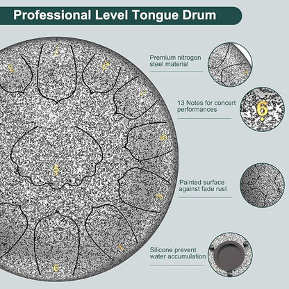 D Major Steel Tongue Drum Handpan, 12 Inch 13 Note Rain Drum for Outside Garden, Meditation Rain Chime, Musical Percussion Instrument for Adult Gift with Bag, Music Book, Drum Mallets (Star Sliver)
