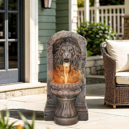 AUTODAYA 30" Lion Head Outdoor Fountain LED Cascading Waterfall, Bronze | Rustic Stone Pedestal,faux bronze granite texture,garden patio yard decor