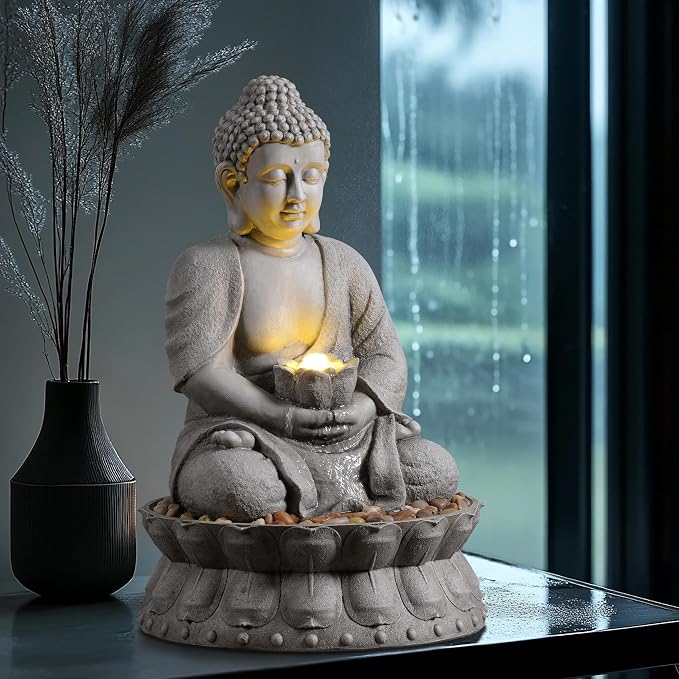 Buddha Water Fountain Outdoor, Zen Fountain with LED Light for Garden, Home Decor, Relaxing Buddha Statue with Lotus Base, for Women
