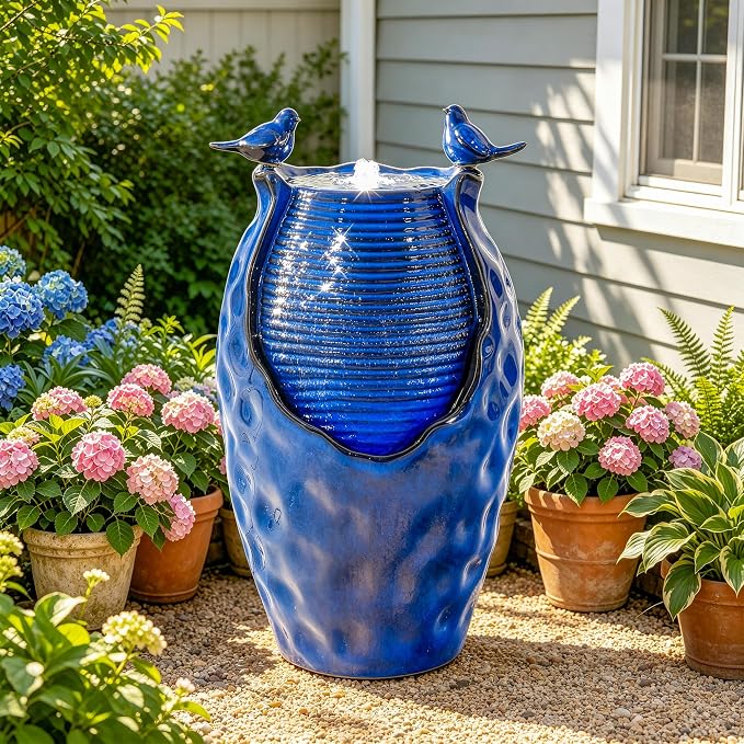 Autodaya 25" Ceramic Outdoor Fountain, Honeycomb Jar Design with LED | Bird-Friendly Decorative Garden Water Feature with ambiant lighting, Soothing Trickling Waterfall for Patio Backyard Oasis