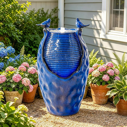 Autodaya 25" Ceramic Outdoor Fountain, Honeycomb Jar Design with LED | Bird-Friendly Decorative Garden Water Feature with ambiant lighting, Soothing Trickling Waterfall for Patio Backyard Oasis