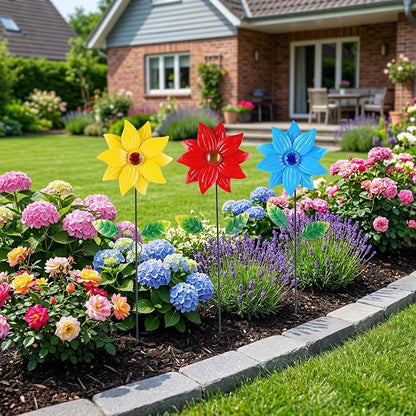 3-Pack Metal Flower Garden Stakes, 16 Inch Weatherproof Floral Yard Art, Vibrant Yellow Red Blue Outdoor Decor for Patio, Lawn & Planter