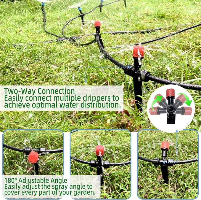 40PCS Push-to-Connect Drip Irrigation Emitters for 1/4 inch Irrigation Tubing, Two-Way Connection Adjustable Drip Emitter Sprayer with Stake, Irrigation Dripper Sprinklers for Drip Irrigation System