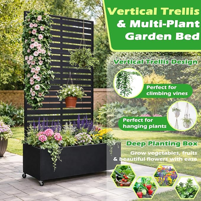 Metal Planter Box with Trellis, 43” L x 16” W x 71” H Raised Garden Bed with Wheels, Privacy Planters for Patio, Metal Planter Box with Drainage Holes, Black