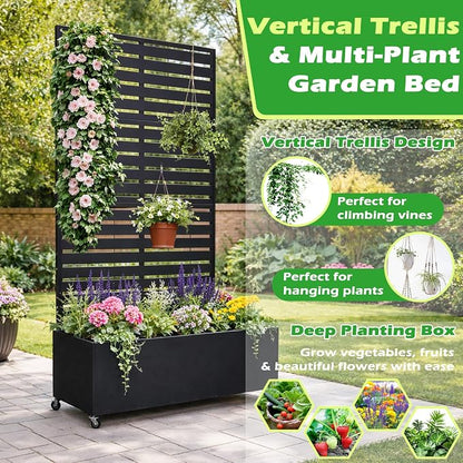 Metal Planter Box with Trellis, 43” L x 16” W x 71” H Raised Garden Bed with Wheels, Privacy Planters for Patio, Metal Planter Box with Drainage Holes, Black