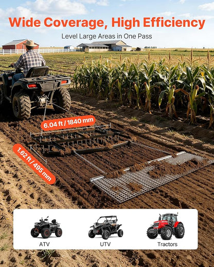 VEVOR Drag Harrow, 6 ft Tow-Behind Driveway Grader with Chain Harrow, Adjustable Width & 80lbs Load Capacity, Heavy Duty Lawn Leveling Rake, Fits ATVs UTVs Tractors, for Gravel Driveway Field