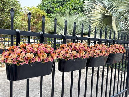 Hanging Planters for Outdoor Plants, 17" Railing Planter Pots, Metal Fence Flower Pot for Porch Balcony with Detachable Hook (Black, Pack of 6)