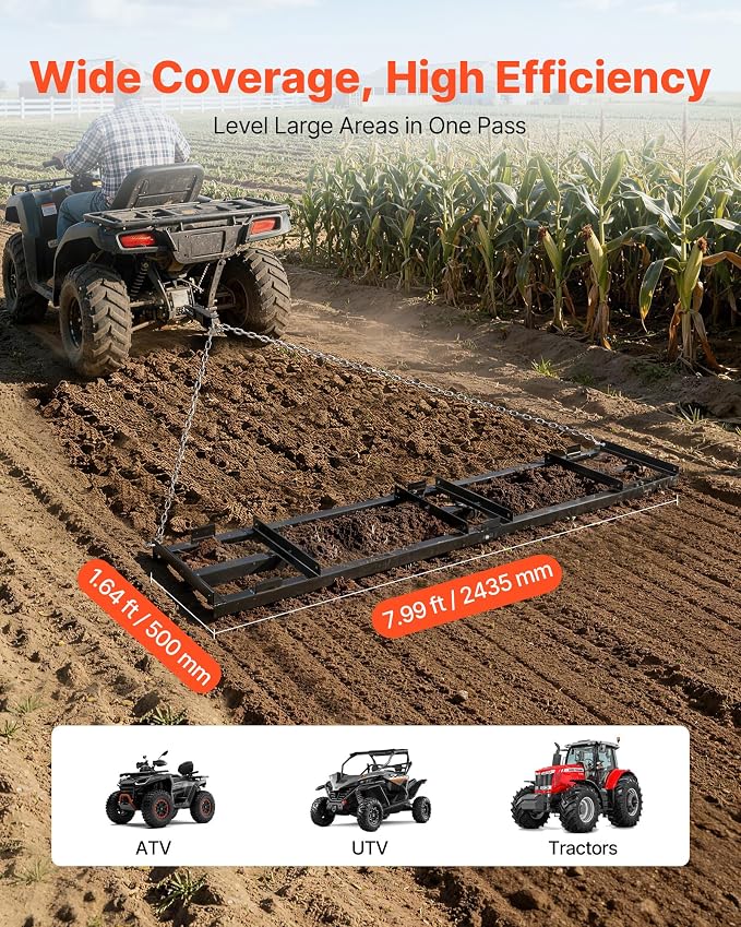 VEVOR Drag Harrow, 96 x 20 in, Tow-Behind Driveway Grader with Adjustable Width & 50lbs Load Capacity, Heavy Duty Lawn Leveling Rake, Galvanized Steel Gravel Driveway Drag, Fits ATVs UTVs Tractors