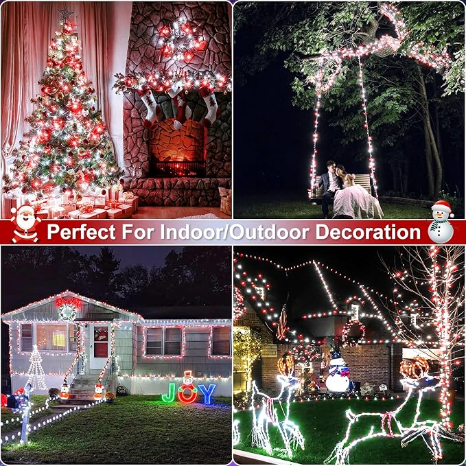 100FT 300 LED Christmas Lights Outdoor, Plug in Christmas Tree Lights Waterproof, 8 Modes String Lights for Outside House Patio Xmas Garden Party Holiday Decorations, Red and White
