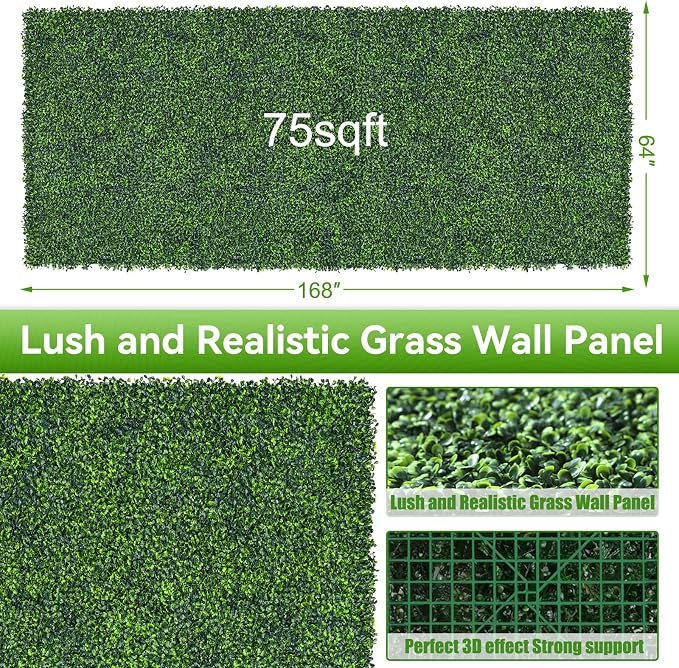 Artificial Boxwood Roll, 64x168 in (74 sqft) UV-Anti Faux Ivy Grass Wall Backdrop for Balcony Privacy, Fake Grennery Wall Decor for Garden, Patio, Backyard