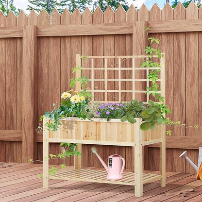 Outsunny 47" Wooden Raised Garden Bed with Trellis, Coutryside Style Elevated Planter Box Stand with Open Storage Shelf, Spacious Planting Area for Vegetables, Herbs, Flowers
