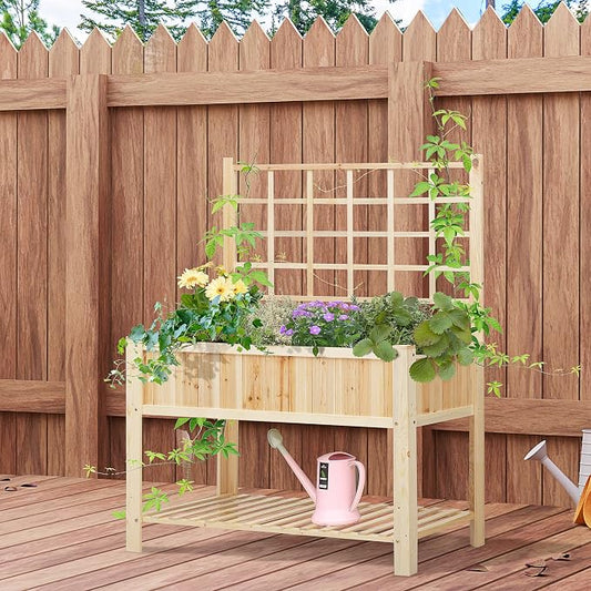 Outsunny 47" Wooden Raised Garden Bed with Trellis, Coutryside Style Elevated Planter Box Stand with Open Storage Shelf, Spacious Planting Area for Vegetables, Herbs, Flowers