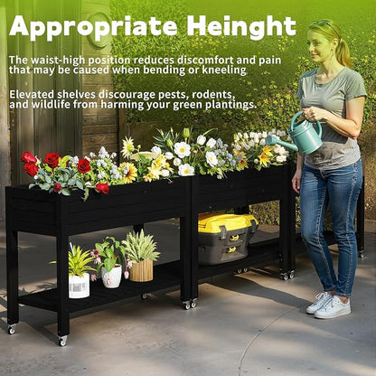 PatioZen Raised Garden Bed, 33.66" Tall Self-Watering Resin Planter Box with Legs & Lockable Wheels Drainage Plug and Gauge for Flowers, Vegetables, Storage Shelf for Tools and Accessories Black