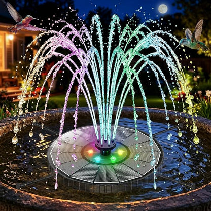 Solar Fountain with 3 Spray Height, Colorful Led Lights, 3.5W Glass Solar Bird Bath Water Fountain with 2000mAh Battery, 4 Rotating Rods and 7 Nozzles for Hummingbird Bathing, Outdoor Décor