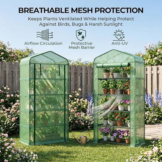 Worth Garden 5 Tier Mini Greenhouse - 75'' H x 27'' L x 19'' W - Sturdy Portable Gardening Shelves with Durable PE Cover w/ Roll-Up Zipper Door- Small Green House Indoor & Outdoor for Plants Flowers